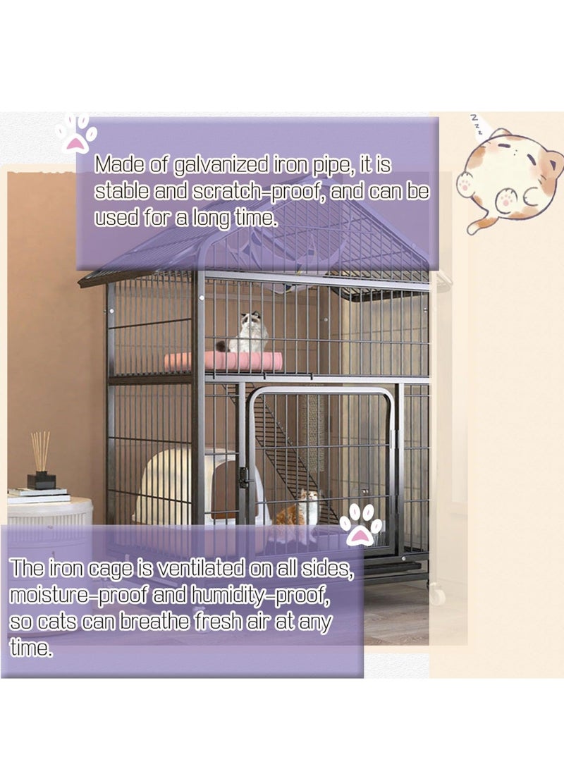 WALALLA 71x54x117cm 3 Tier Cat House Wire Cat Cage Multi Functional Cat Condo with Universal Wheels Cat Villa with Locking Iron Door Pet Playpen Black - Image 4