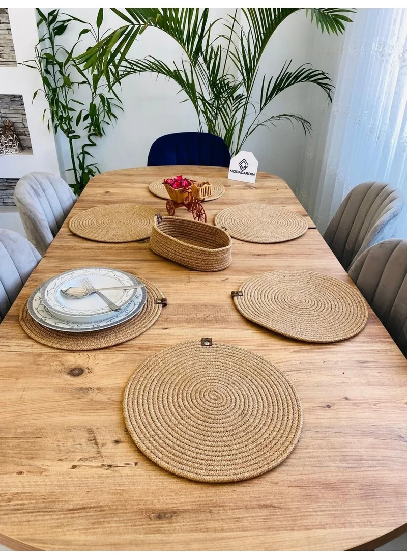 BDZ Deri BDZ Leather Jute Wicker American Service Plate and Basket 7 Pieces
