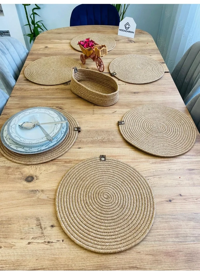 BDZ Deri BDZ Leather Jute Wicker American Service Plate and Basket 7 Pieces