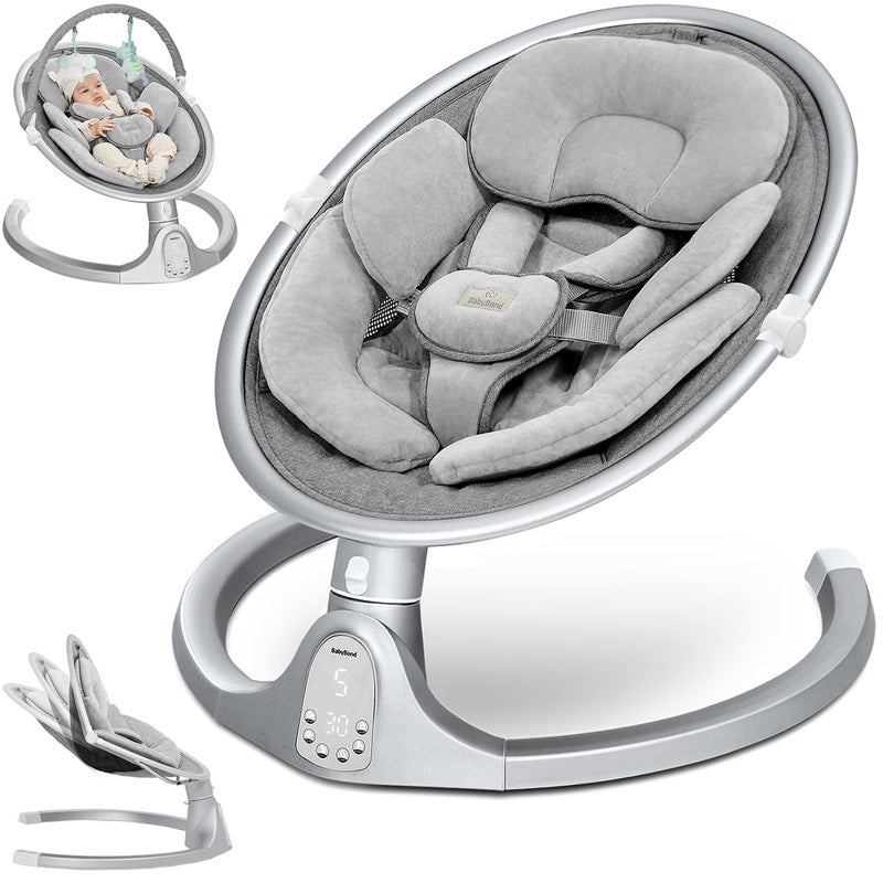 BabyBond BabyBond Baby Swings for Infants Bluetooth Infant Swing with 3 Seat Positions 5 Natural Sway Motion and 5Point Harness Portable Baby Swing for Indoor and Outdoor Silver 