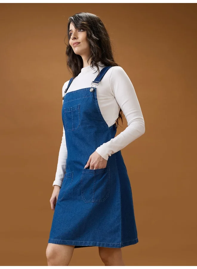 globus Globus Women Med Blue Square Neck Strappy Shoulder Solid Pocket Detail Above Knee Dungaree Dress