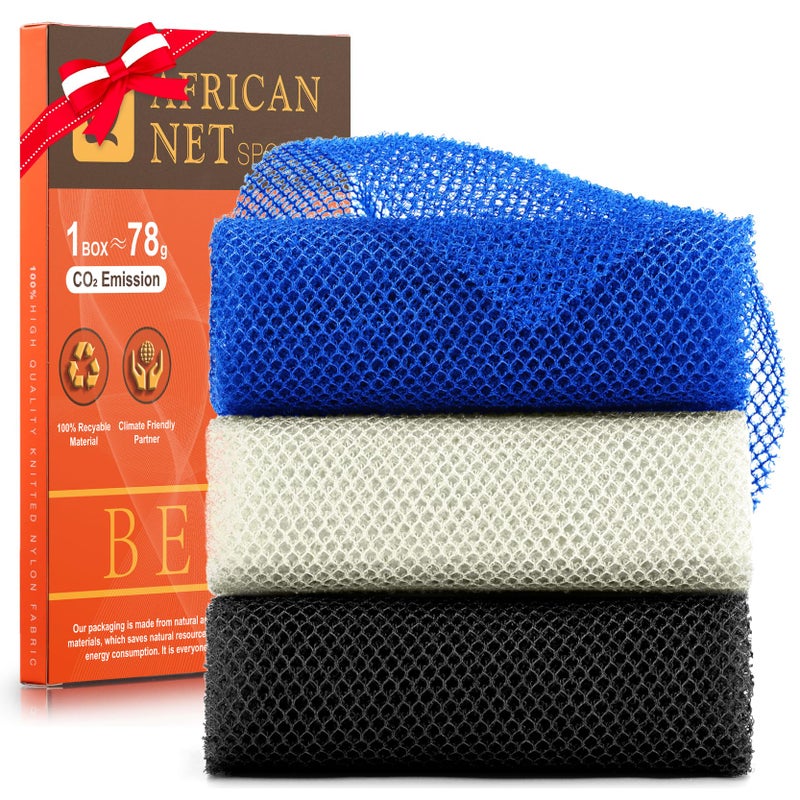 UJFQBH 3 Pieces African Bath Sponge African Net Long Net Bath Sponge Exfoliating Shower Body Scrubber Back Scrubber Skin Smoother,Great for Daily Use(Blue,Black,Off-White) - Image 1