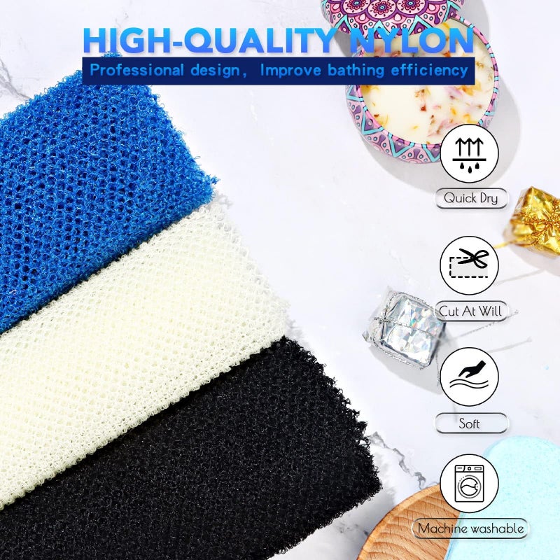 UJFQBH 3 Pieces African Bath Sponge African Net Long Net Bath Sponge Exfoliating Shower Body Scrubber Back Scrubber Skin Smoother,Great for Daily Use(Blue,Black,Off-White) - Image 3