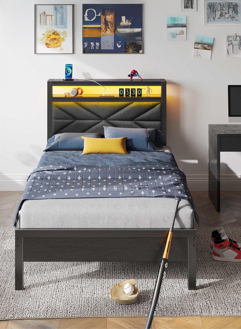 يانارا إطار سرير معدني متين – رأس سرير مبطن مع إضاءة LED ومساحة تخزين مزوّد بمحطة شحن، مقاس توأم، مقاس مزدوج صغير، مساحة تخزين كبيرة أسفل السرير، ثابت وهادئ دون ضوضاء، سهل التركيب، لا حاجة إلى قاعدة صندوقية - Image 1