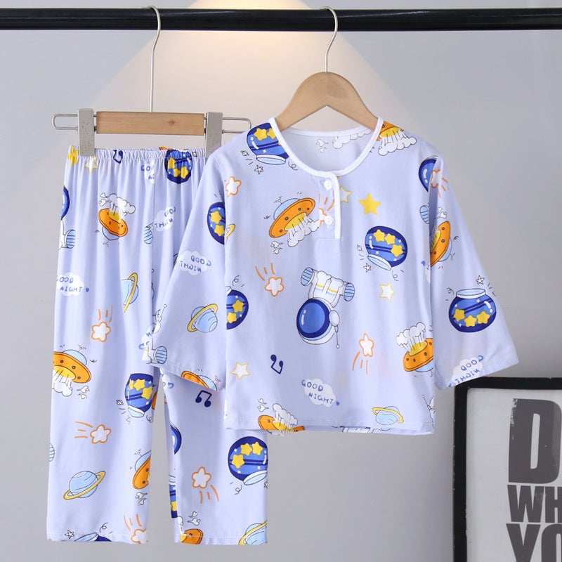 Wholesale childrens cotton silk pajamas summer thin long sleeve suit boys and girls baby air conditioning clothing cotton silk home clothes Astronaut 