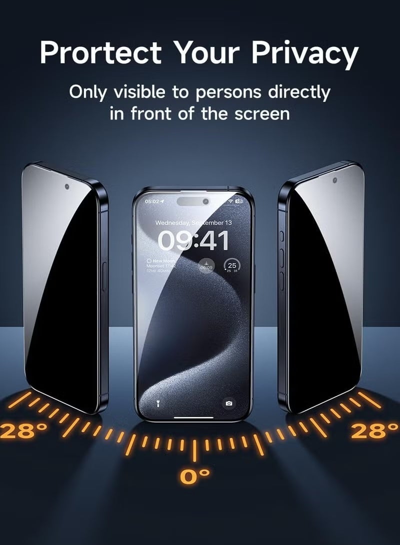 اتش اس iPhone 15 Pro MAX  Privacy Screen Protector, 9H+ Military Grade Tempered Glass, Edge-to-Edge Full Coverage, Anti-Spy Privacy Filter, Scratch and Shatter Resistant, Anti-Fingerprint and Oil-Resistant Coating, Face ID Compatible, Ultra HD Clarity, Case-Friendly Design, Easy Bubble-Free Installation with Alignment Frame - Black - Image 2