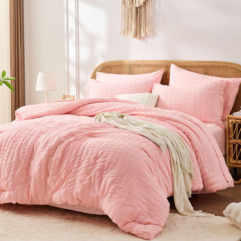 FUANNA Pink Full Size Comforter Sets 7 Pieces, Luxury Seersucker Bed in a Bag Full for All Seasons, Soft Bed Sets with Comforter, Flat Sheet, Fitted Sheet, Pillowcases & Shams for Bedroom - Image 1