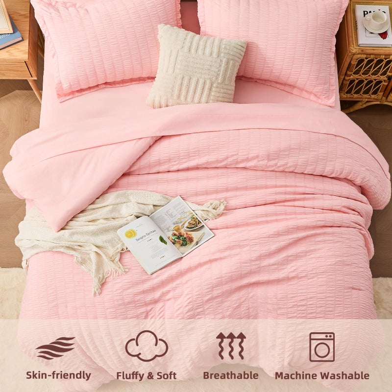 FUANNA Pink Full Size Comforter Sets 7 Pieces, Luxury Seersucker Bed in a Bag Full for All Seasons, Soft Bed Sets with Comforter, Flat Sheet, Fitted Sheet, Pillowcases & Shams for Bedroom - Image 4