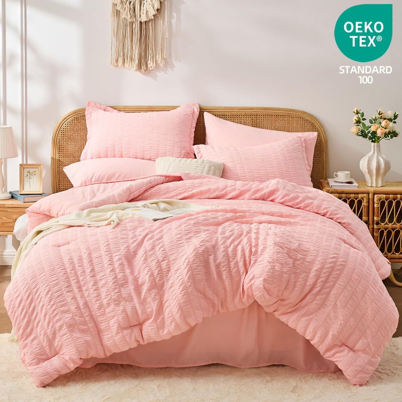 FUANNA Pink Full Size Comforter Sets 7 Pieces, Luxury Seersucker Bed in a Bag Full for All Seasons, Soft Bed Sets with Comforter, Flat Sheet, Fitted Sheet, Pillowcases & Shams for Bedroom - Image 5