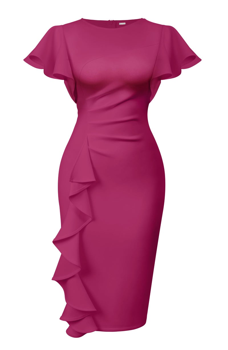 Memoriesea Women's Vintage Church Ruffle Sleeve Ruched Bodycon Work Midi Pencil Dress Rose Red - Image 1