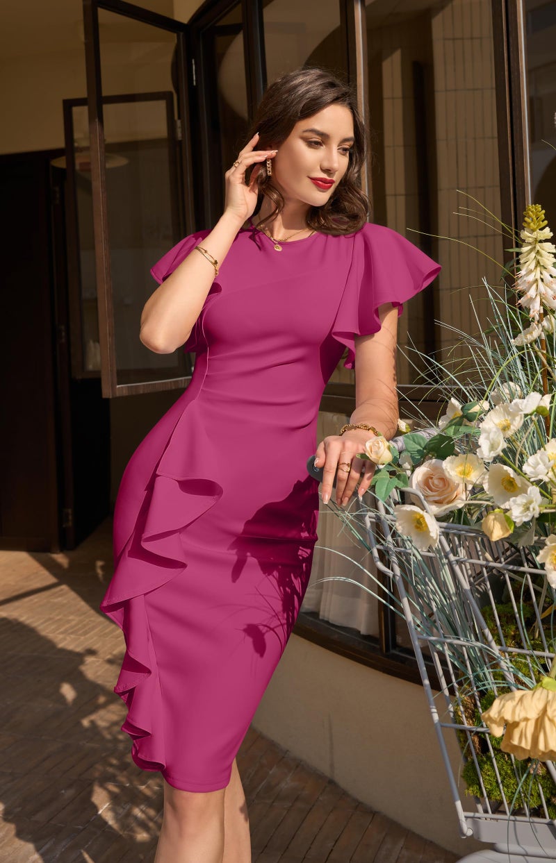 Memoriesea Women's Vintage Church Ruffle Sleeve Ruched Bodycon Work Midi Pencil Dress Rose Red - Image 4