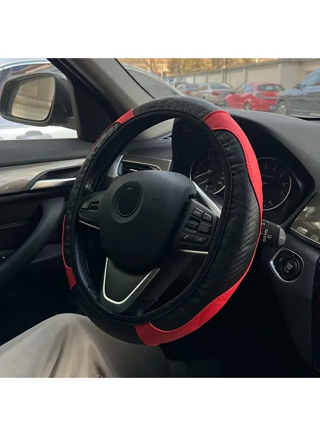 1pc Bicolor Carbon Fiber Microfiber PU Leather Steering Wheel Cover 15 Inch Elastic Anti Slip Breathable Auto Interior Accessory For Men And Women Compatible With Most Cars And Trucks Stylish Sporty Upgrade Snug Fit - Image 5