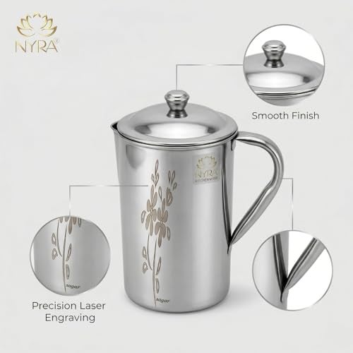 Nyra® Stainless Steel Laser Printed Jug/Pitcher for Water Storage – Capacity- 2L - Image 2