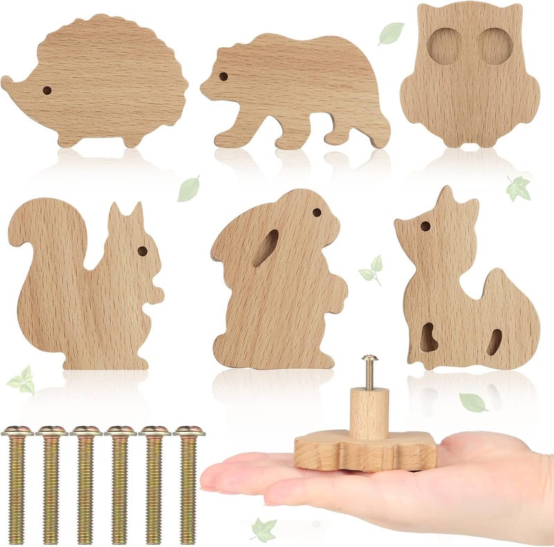 Qunclay Wooden Animal Cabinet Knobs - Decorative Wood Dresser Pulls With Screws - Marine Woodland Animals Furniture Handles for Nursery Drawer Decor (Forest Animal, 6 Sets) - Image 1