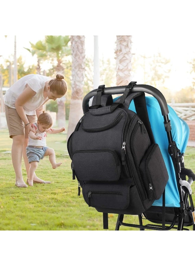 Mancro Baby Changing Bags Backpack with 2 Insulated Pocket for Feeding Bottles, Travel Nappy Bags Rucksack with Stroller Clips, Wide Open Compartment Multifunctional Diaper Baby Bag for Mom Dad, Black - Image 2