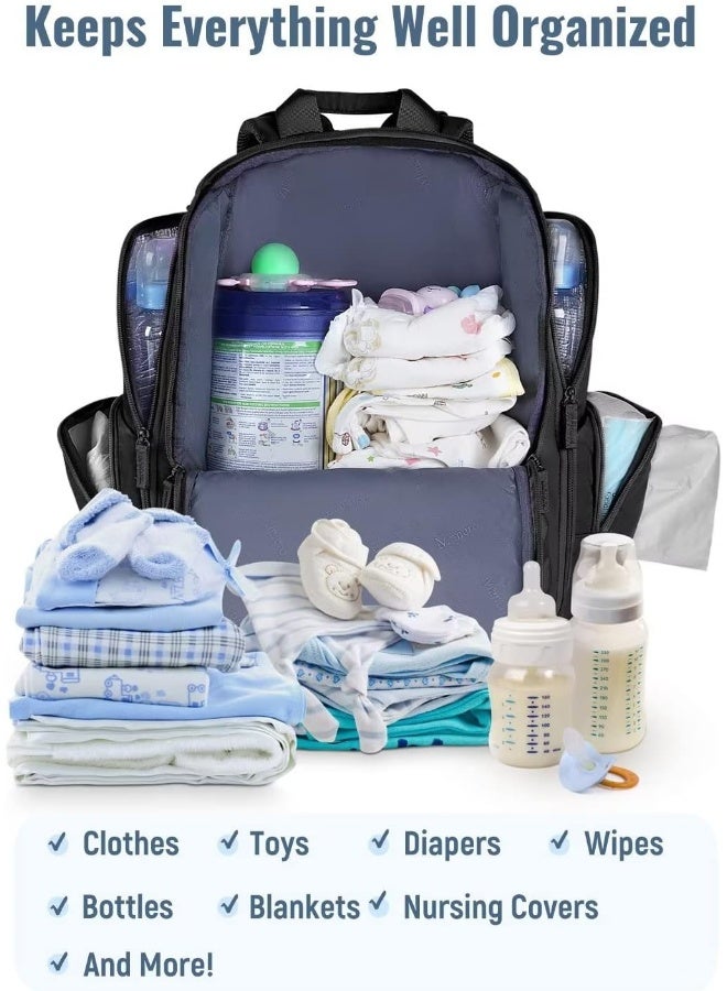 Mancro Baby Changing Bags Backpack with 2 Insulated Pocket for Feeding Bottles, Travel Nappy Bags Rucksack with Stroller Clips, Wide Open Compartment Multifunctional Diaper Baby Bag for Mom Dad, Black - Image 3