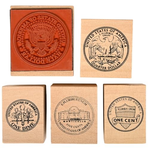 READY 2 LEARN Coin Stamps Tails Set of 5 Wooden Stamps for Currency Math and DIY Activities Use for Flashcards Worksheets Cards Albums and Scrapbooks - Image 1