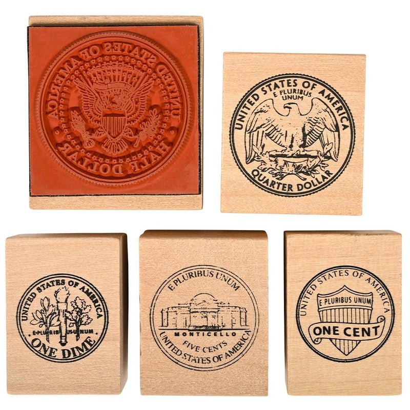 READY 2 LEARN Coin Stamps Tails Set of 5 Wooden Stamps for Currency Math and DIY Activities Use for Flashcards Worksheets Cards Albums and Scrapbooks - Image 2