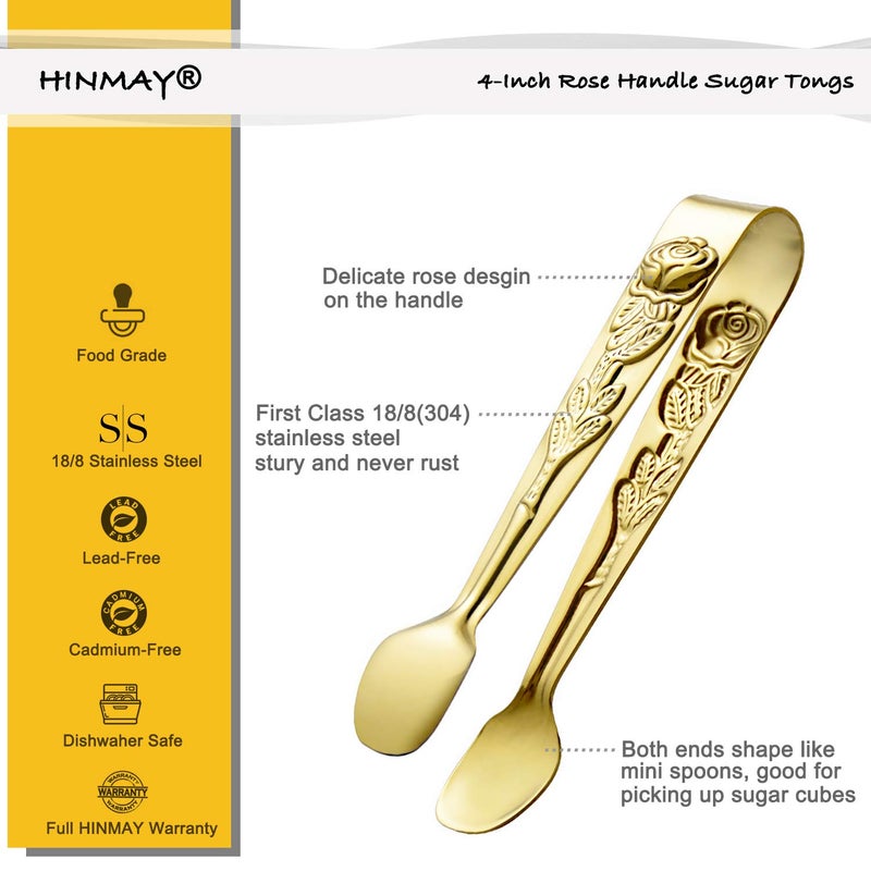HINMAY 6PCS Mini Serving Tongs 4 Inches Small Rose Sugar Cube Tongs (Gold) - Image 2