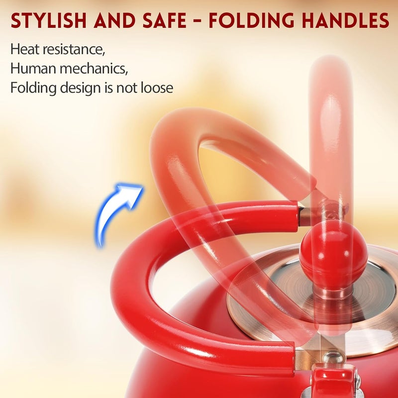 foedo Tea Kettle,Whistling Tea Kettle Stovetop 2.6 Quart, Tea Pots for Stove Top Food Grade Stainless Steel,Wood Pattern Handle,Christmas Gift(Red),With Anti Scald Towel - Image 4
