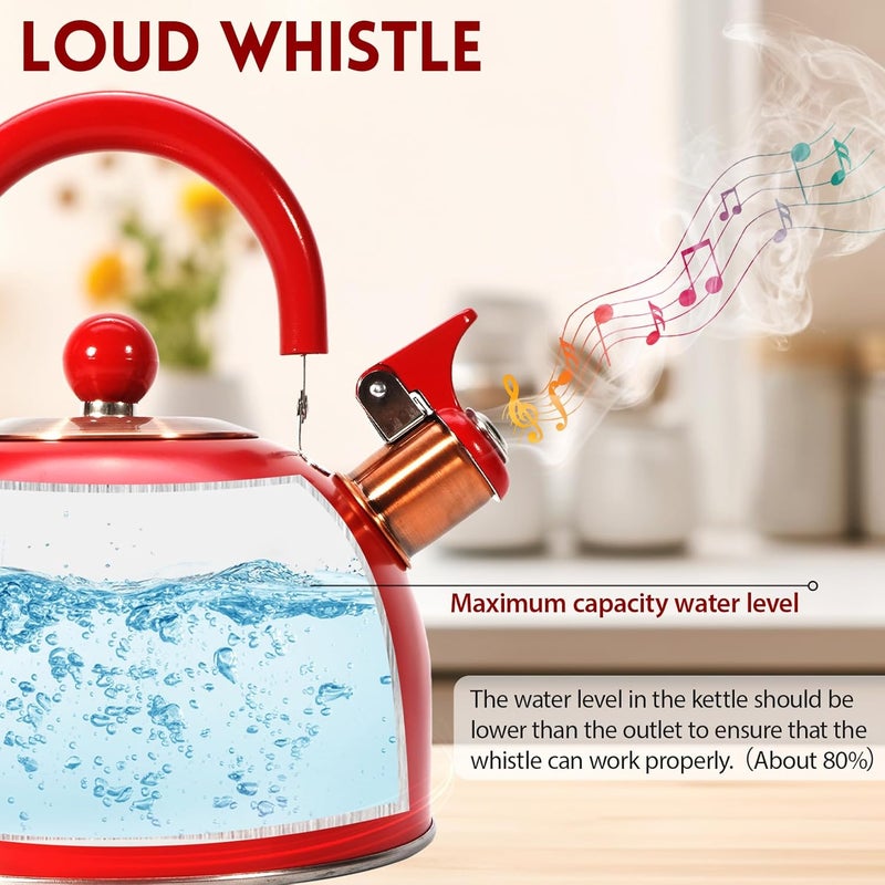 foedo Tea Kettle,Whistling Tea Kettle Stovetop 2.6 Quart, Tea Pots for Stove Top Food Grade Stainless Steel,Wood Pattern Handle,Christmas Gift(Red),With Anti Scald Towel - Image 3