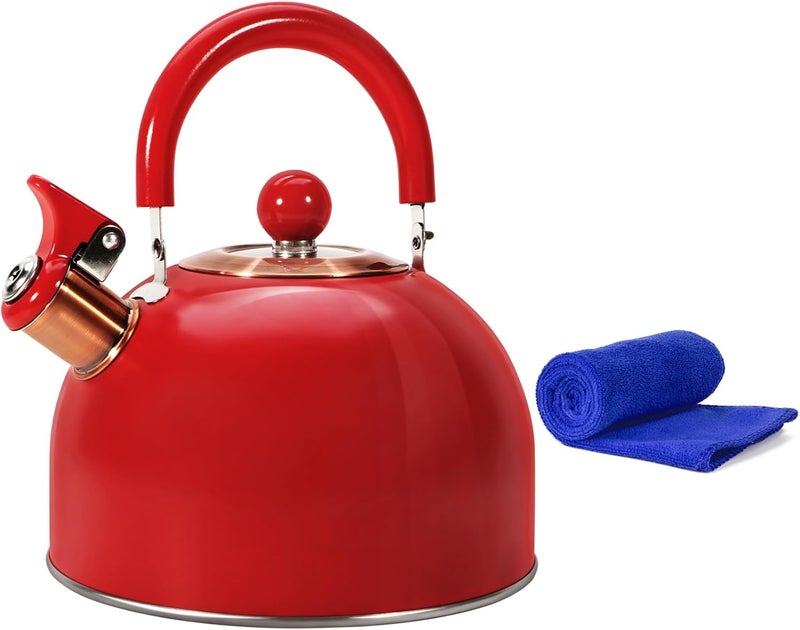 foedo Tea Kettle,Whistling Tea Kettle Stovetop 2.6 Quart, Tea Pots for Stove Top Food Grade Stainless Steel,Wood Pattern Handle,Christmas Gift(Red),With Anti Scald Towel - Image 1