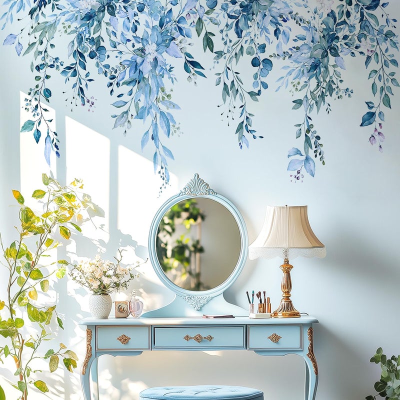 VePret Blue Plants Leaves Wall Decals Peel and Stick Large Floral Flowers Vinyl Wall Stickers Removable Vine Home Decor Art for Bedroom Living Room Classroom Office