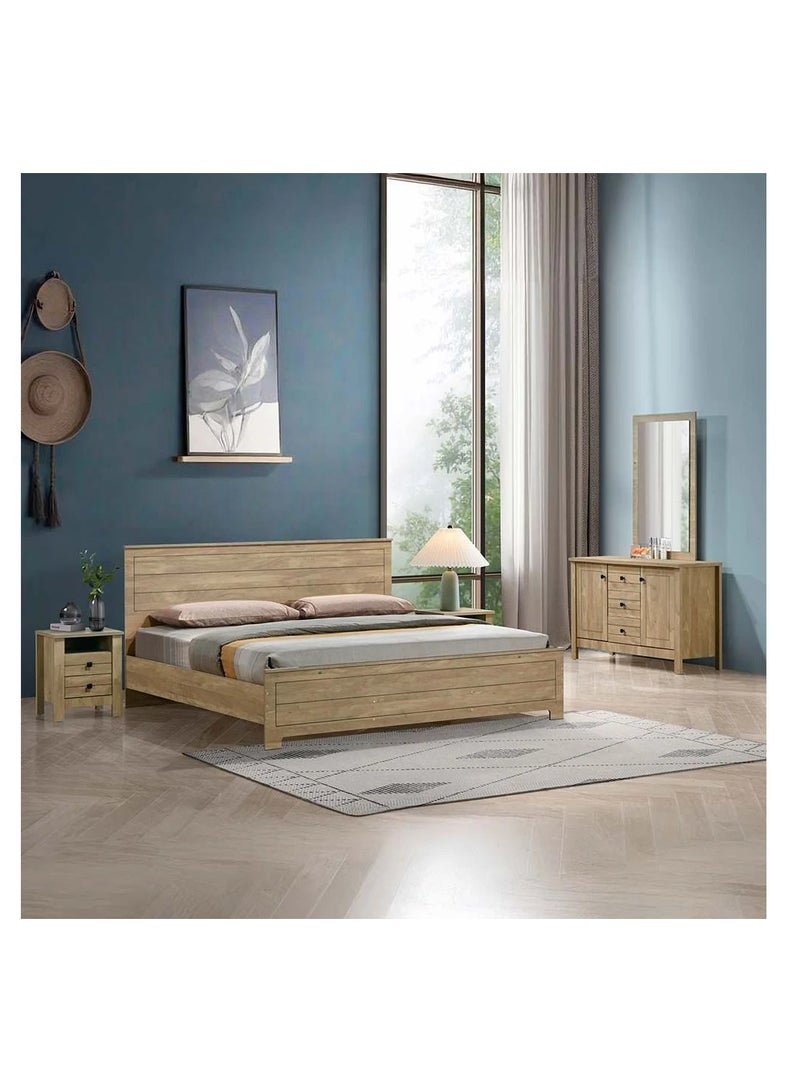 DANUBE HOME Athens 180X200 King Bed 2 Nightstands And Dresser With Mirror Foil Lamited Strong And Sturdy Modern Design Wooden Single Bed Frame Furniture Quiet And Comfortable Beds - Light Oak - Image 1