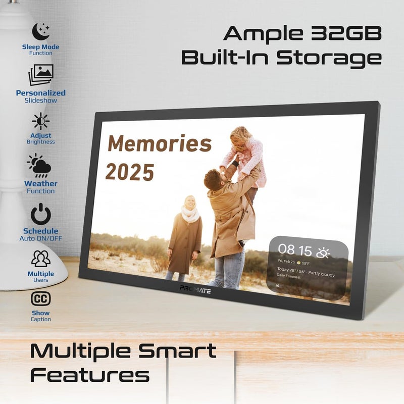 Promate Full HD Digital Photo Frame with 15.6-Inch Touchscreen, 32GB Storage, Wireless App Control, Multi Picture & Video Formats Compatibility, USB/TF Card Support, Dual Speakers, Memoria-15 Black - Image 3
