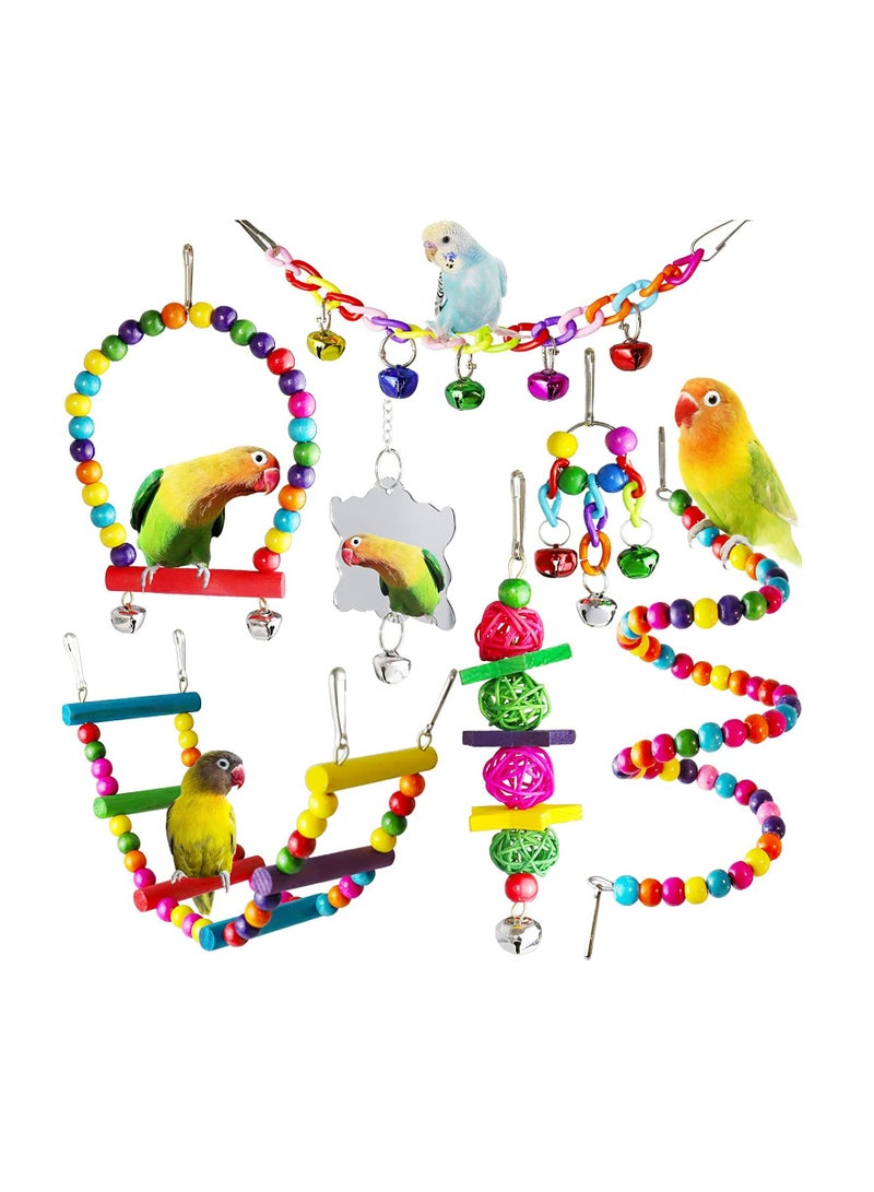 general 7Pcs Parrot Toys Bird Cage Accessories Bird Supplies Utensils Stairs Mirror Swing Bells Bird Toys - Image 1
