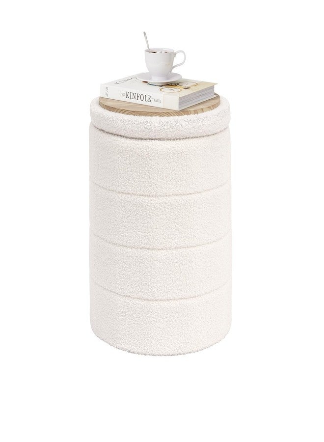 PINPLUS Round Storage Ottoman Foot Rest Stool with Tray Velvet Sherpa Folding Storage Ottoman,Boucle Foot Rest for Living Room, Bedroom, Dorm（White） - Image 1