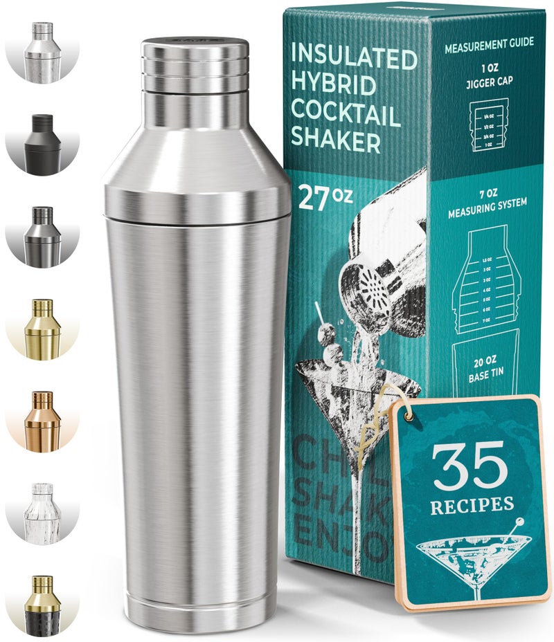 Insulated Cocktail Shaker Set  Double Wall Stainless Steel  Martini Shaker for Home Bar Bartending  Builtin Drink Measurement System  Strainer Travel Bag 35 Recipes  Gift Set Silver