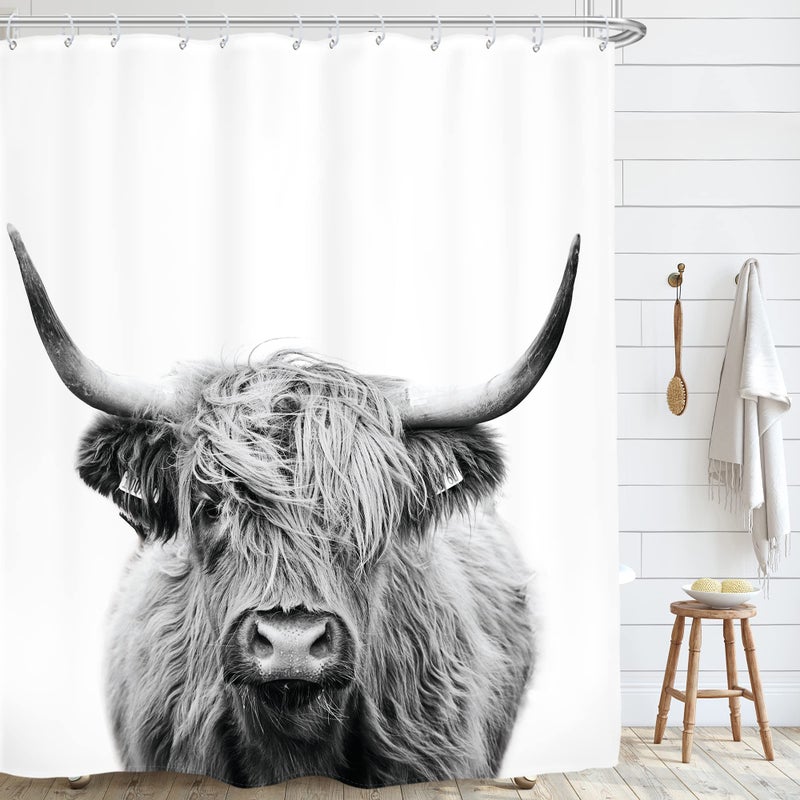 AMBZEK Farmhouse Highland Cow Shower Curtain 60Wx72L Inch Rustic Bull Portrait Western Cattle Country Restroom Accessories Funny Cute Farm Animal Grey White Fabric Bathroom Decor Set with 12 Hooks