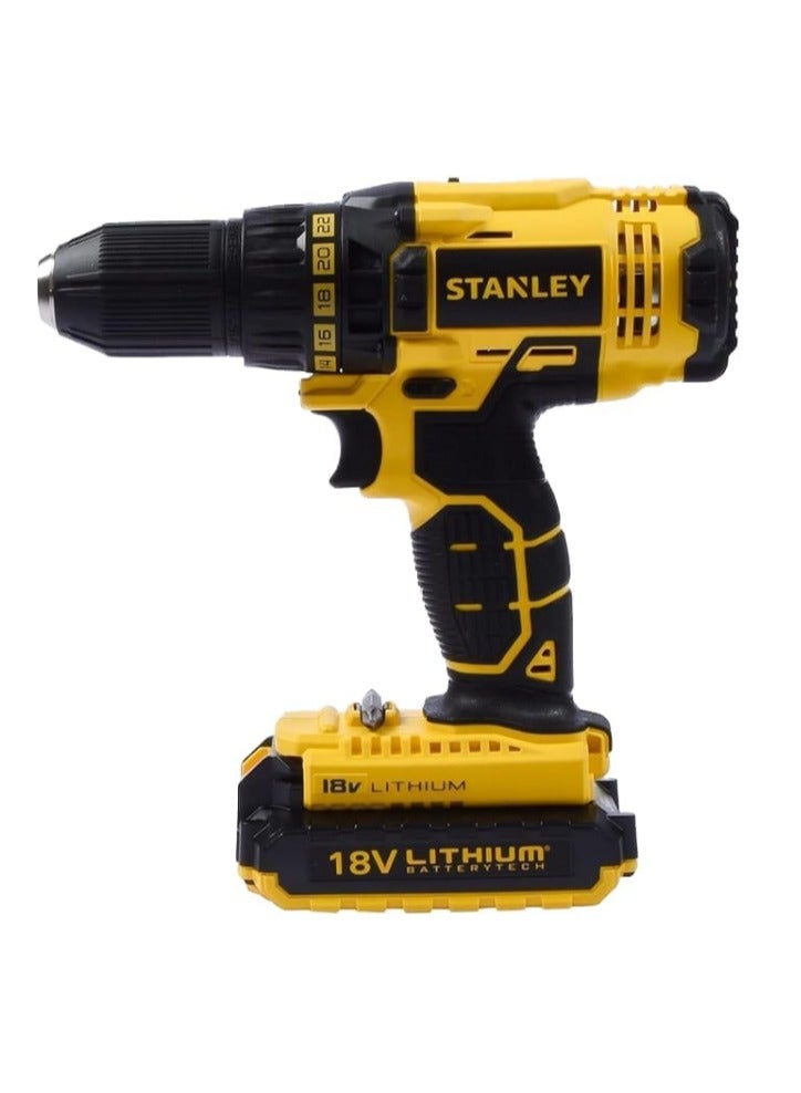 ستانلي مفك مثقاب لاسلكي 18 فولت من ستانلي، بطارية ليثيوم أيون، مدمج وقوي، سرعة متغيرة، ظرف بدون مفتاح، ضوء LED، قبضة مريحة، الاستخدام الشخصي والاحترافي، حفر المعادن الخشبية، وظيفة مفك البراغي - Image 1