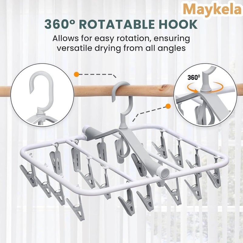 Drying Rack Folding Sock Dryer Clothes Drying Rack with 24 Clips Windproof Folding Portable Laundry Hanger Plast Sock Dries Rack for Clothing Drying Towels Baby Clothes Grey - Image 5