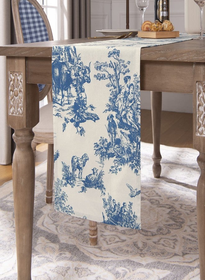 XTMYI Short Table Runners 36 Inches Long for Kitchen Decor,Small Table Cloth Runner,Colbat Blue and Cream - Image 1