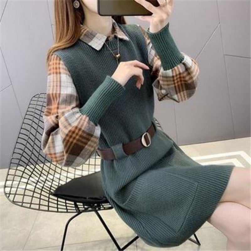 Autumn Winter Knit Dress Sweater Vest Set N32-Green [two-piece]] - Image 1