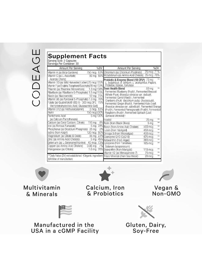Codeage Teen’S Daily Multivitamin Supplement, 25+ Vitamins & Minerals For Teenage Boys & Girls, Organic Whole Foods Vitamins For Teenagers, Vitamin A, B Vitamins, Vitamin C, D, E, K, Omega-3, 2 Pack  - Image 2