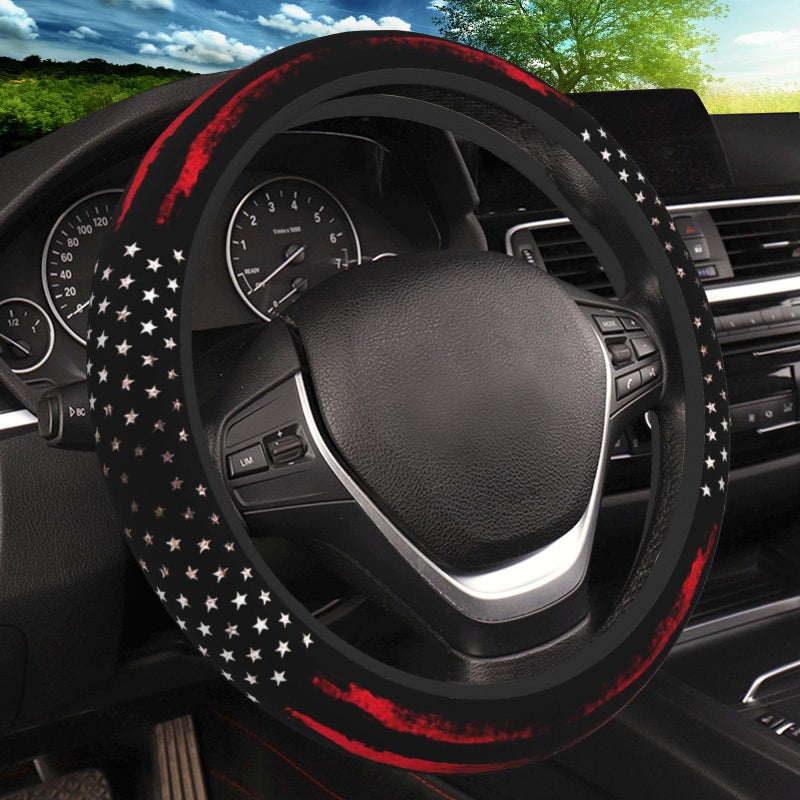 KARREAL Red Black American Flag Elastic Steering Wheel Cover, Non-Slip Breathable Neoprene Steering Wheel Covers, Men Car Accessories, Universal 15 Inch Fit Auto, Suvs, Truck - Image 1