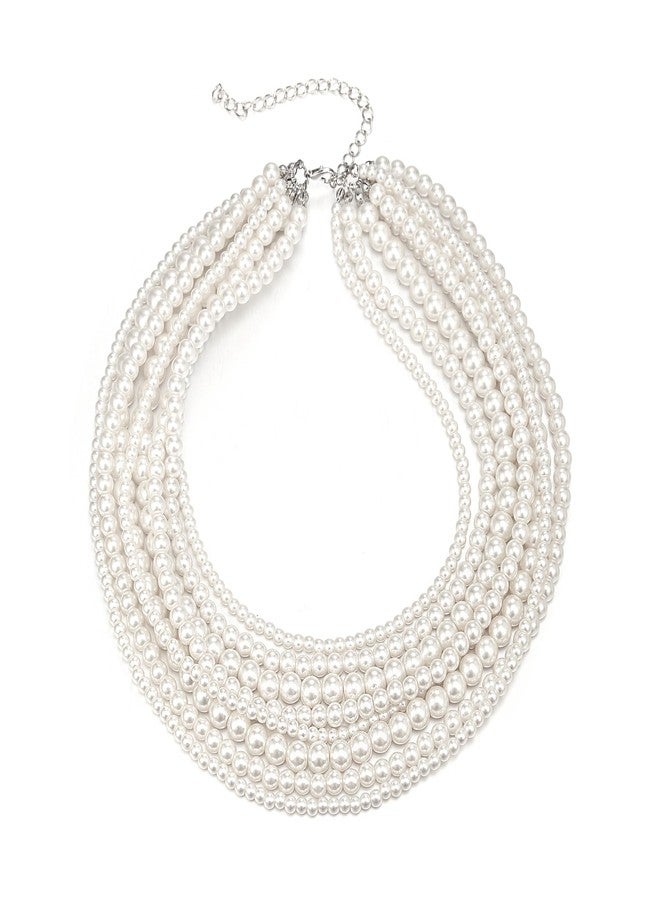 Flyonce Pearl Strand Necklace for Women, Wedding Bridal 8 Layered Simulated Pearls Multi Stranded Chunky Statement Bib Collar Necklaces Costume Jewlery for Halloween Cosplay Party - Image 1