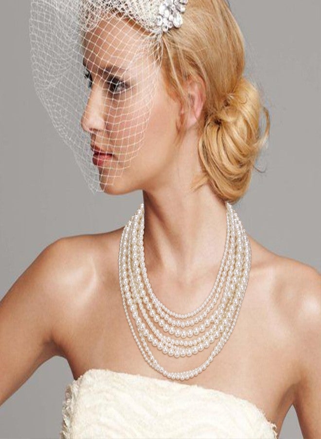 Flyonce Pearl Strand Necklace for Women, Wedding Bridal 8 Layered Simulated Pearls Multi Stranded Chunky Statement Bib Collar Necklaces Costume Jewlery for Halloween Cosplay Party - Image 2