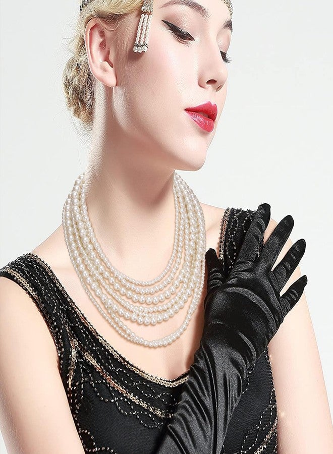 Flyonce Pearl Strand Necklace for Women, Wedding Bridal 8 Layered Simulated Pearls Multi Stranded Chunky Statement Bib Collar Necklaces Costume Jewlery for Halloween Cosplay Party - Image 3