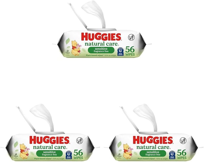 HUGGIES Natural Care Sensitive Baby Wipes, Unscented, Hypoallergenic, 99% Purified Water, 1 Flip-Top Pack (56 Wipes Total) (Pack of 3) - Image 1