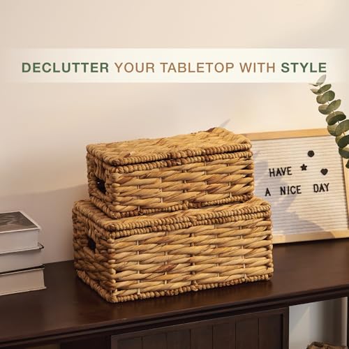 84ECO Set of 2 Wicker Baskets with Lid - Decorative Storage Boxes for Home Decor, Shelves - Woven Basket with Lid - Wicker Decor - Rattan Box - Decorative Bins with Lids (Natural) - Image 2