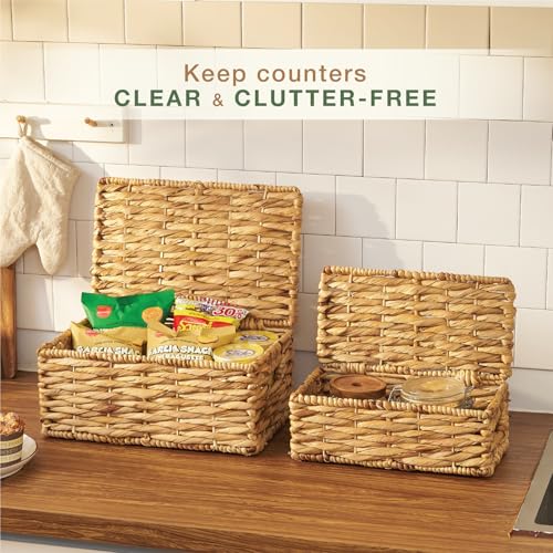 84ECO Set of 2 Wicker Baskets with Lid - Decorative Storage Boxes for Home Decor, Shelves - Woven Basket with Lid - Wicker Decor - Rattan Box - Decorative Bins with Lids (Natural) - Image 4