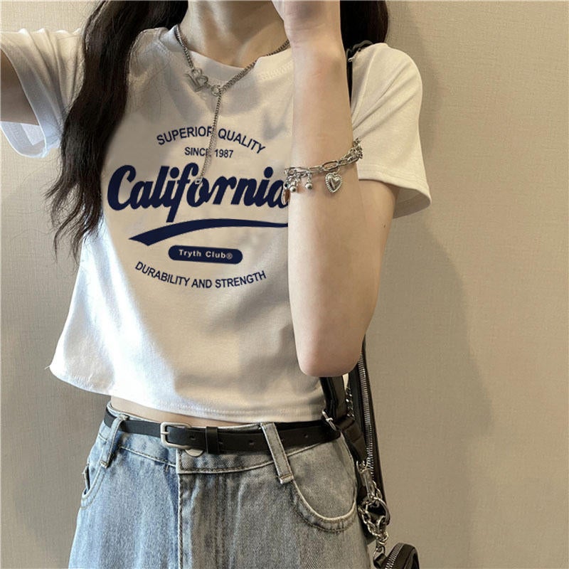 White Letter Print Short-Sleeve T-Shirt For Women 2024 Stylish Slim-Fit Versatile Top Trendy - Image 4