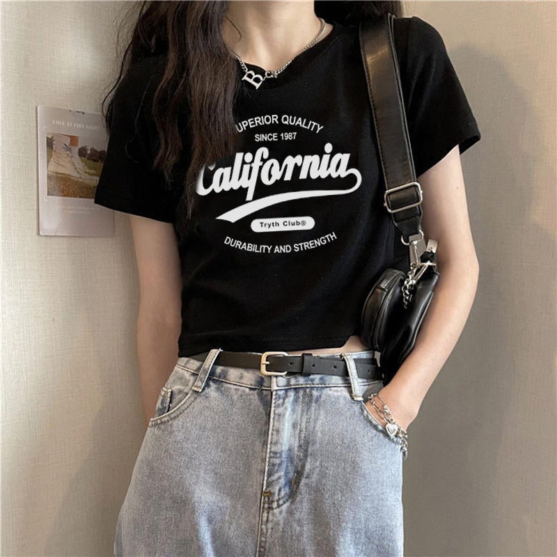 White Letter Print Short-Sleeve T-Shirt For Women 2024 Stylish Slim-Fit Versatile Top Trendy - Image 3
