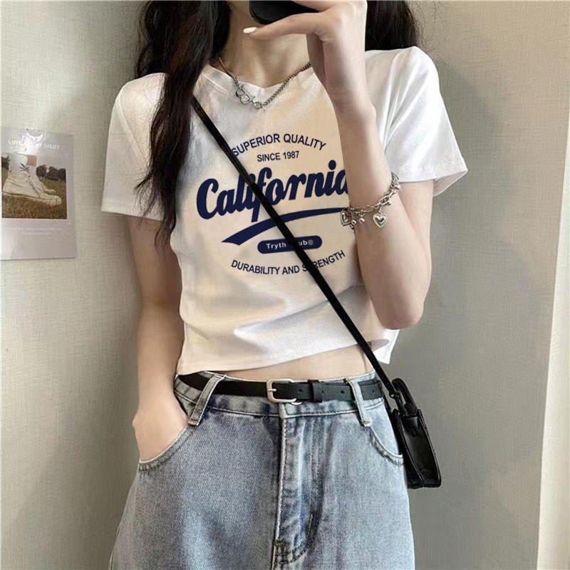 White Letter Print Short-Sleeve T-Shirt For Women 2024 Stylish Slim-Fit Versatile Top Trendy - Image 2