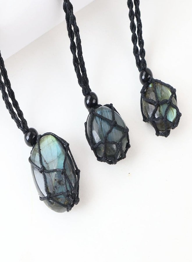 weryerker Natural Gemstone Labradorite Pendant Necklace Healing Crystal Stone Pendant with Hand-Woven Rope Adjustable for Women Men, 30 in, Stone, Labradorite - Image 3