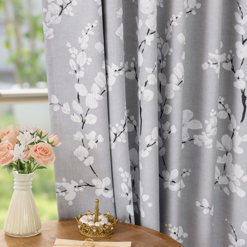 FMFUNCTEX 100% Blackout Floral Curtains for Bedroom, Grey Curtains 84 inches Long Blossom Flower Patterned for Living Room,Thermal Insulated Farmhouse Drapes, Grommet Top 2 Panels (White on Grey) - Image 5